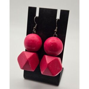 Pink Artsy Sculptural Geometric Wooden Bead Statement Earrings Retro Bold Dangle